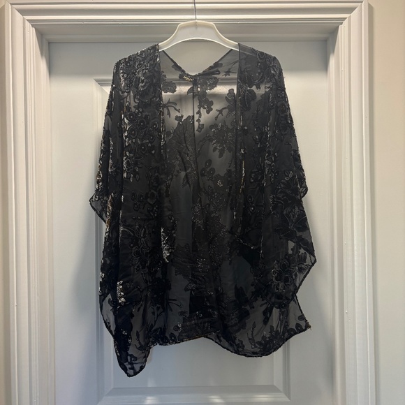 Janice Black Velvet Burnout Floral Pattern on Chiffon Open Kimono Duster - Picture 1 of 7